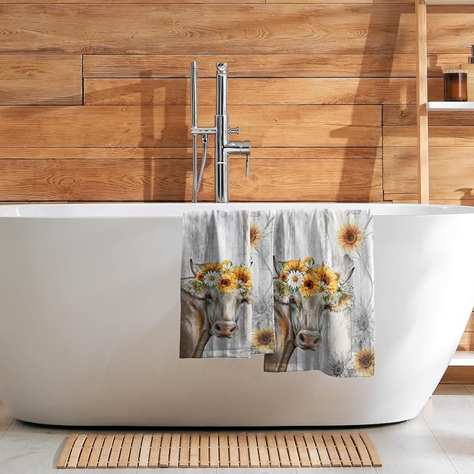 Vintage Sunflower Hand Towel Set of 2 Farm Cow Face Towels Cotton Soft Absorbent Kitchen Dishcloth Washcloths for Bathroom Home Gym