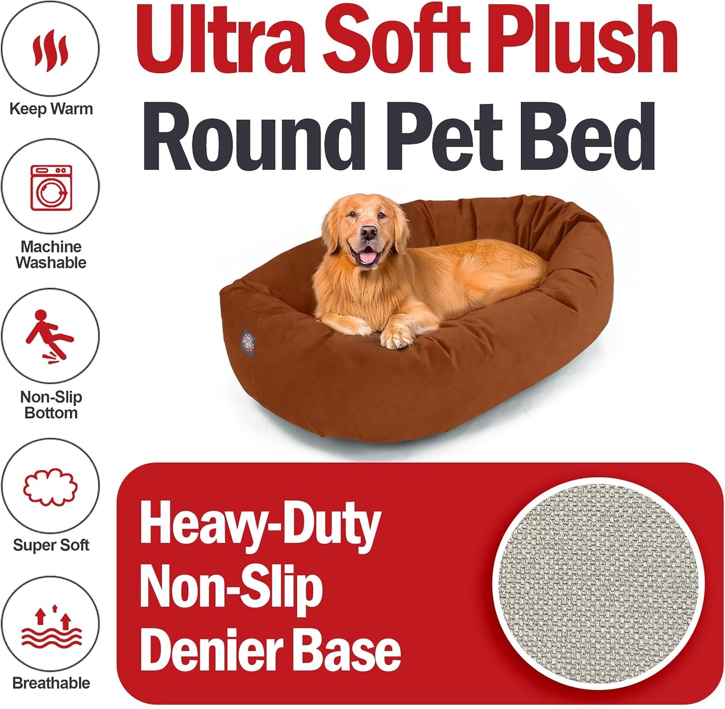 Majestic Pet 40 Inch Suede Shredded Memory Foam Mix Calming Large Dog Bed Washable 40 x 29 x 9 (Inch) - Cozy Soft Round Donut Dog Bed with Spine for Head Support - Pet Bed Rust