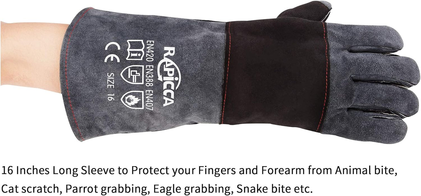 RAPICCA Animal Handling Gloves Bite Proof Double Leather Reinforced Padding Dog,Cat Scratch,Bird Handling Falconry Gloves Grabbing Reptile Squirrel Snake Bite 16in Grey-Black