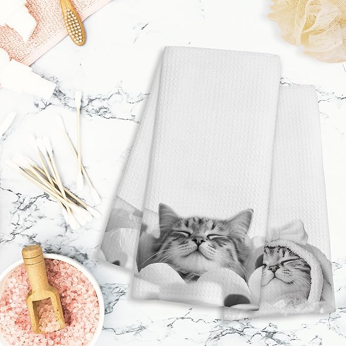 Funny Cat Decor Bathroom Hand Towels, Cat Lover Mom Lady Gifts, Cute Cats Kitty Bathrobe and Toilet Paper Decorative Hand Towels for Kids Bathroom Washroom Restroom, 16x24 Inch Set of 2