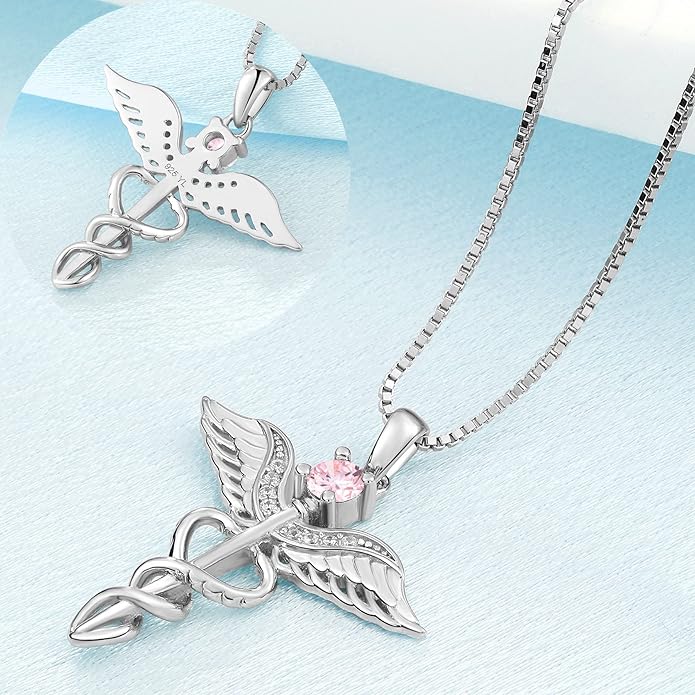 YL Caduceus Necklace Sterling Silver Doctor Nurse Themed Pendant Birthstone Angel Wings Snake Jewelry for Women