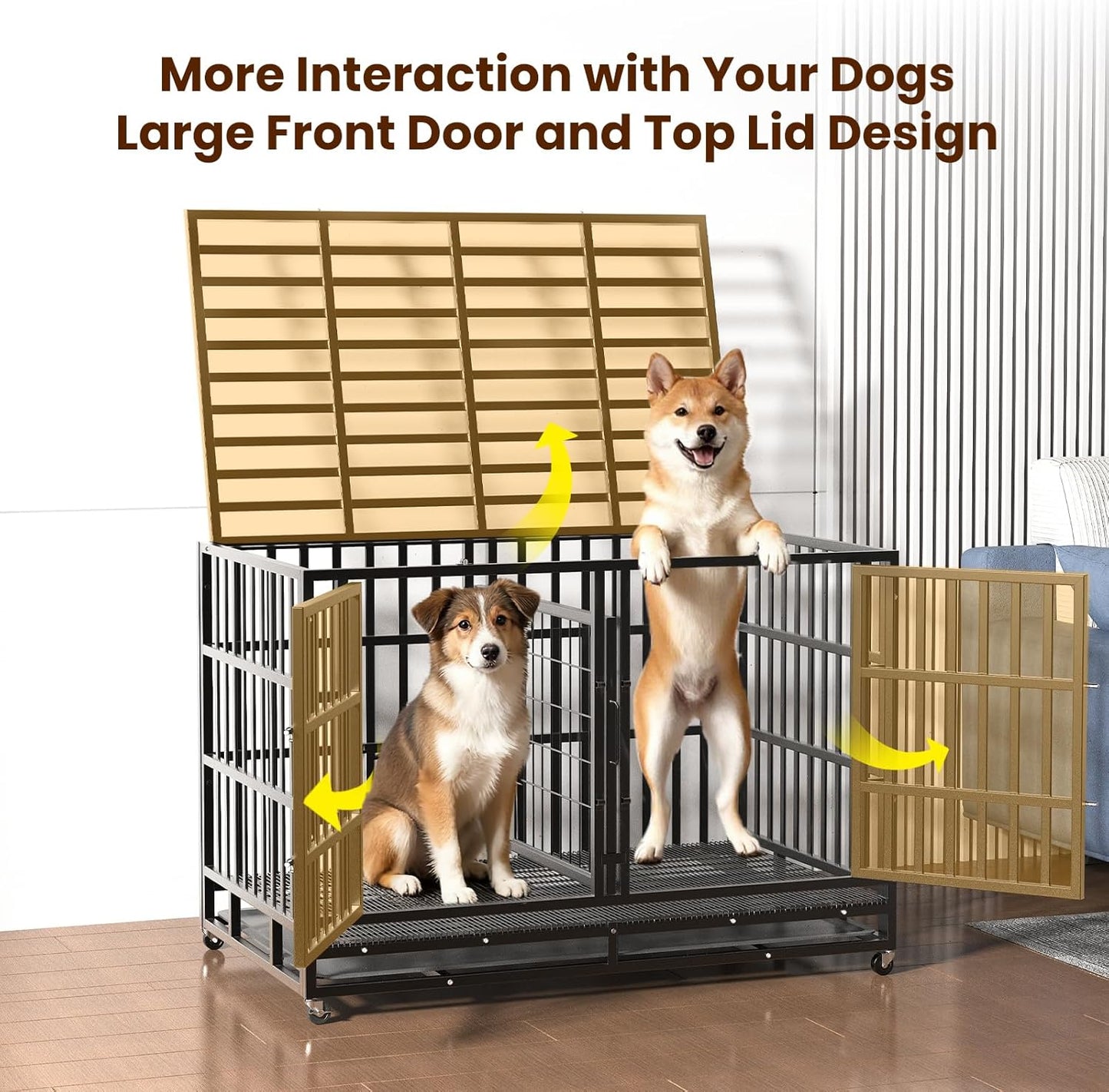 48 Inch Heavy Duty Indestructible Double Dog Crate Steel Escape Proof,Indoor Three Doors Cage,Kennel with Wheels,Removable Tray and Baffle