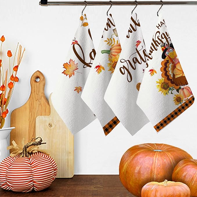 Hexagram Thanksgiving Kitchen Towels-Thanksgiving Kitchen Decor, Decorative Dish Tea Towels with Sayings-Fall Housewarming Gifts for Decorations, Turkey and Pumpkins Hand Towels Set of 4