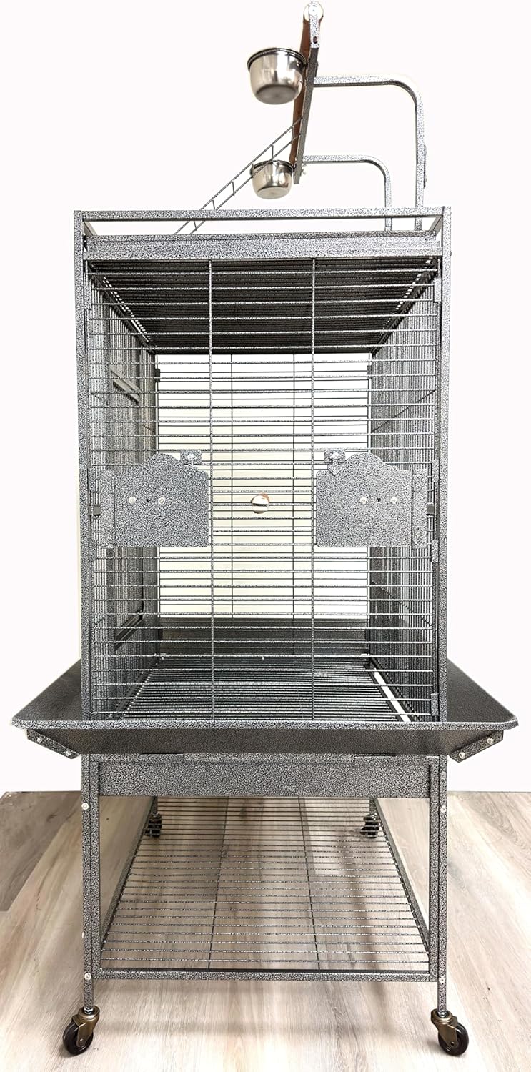 Large Elegant and Durable Wrought Iron Play Ground Perch Stand Top Climbing Ladder Bird Parrot Rolling Metal Cage with Around Seed Guard Storage Shelf On Heavy Duty Lockable Rolling Wheels