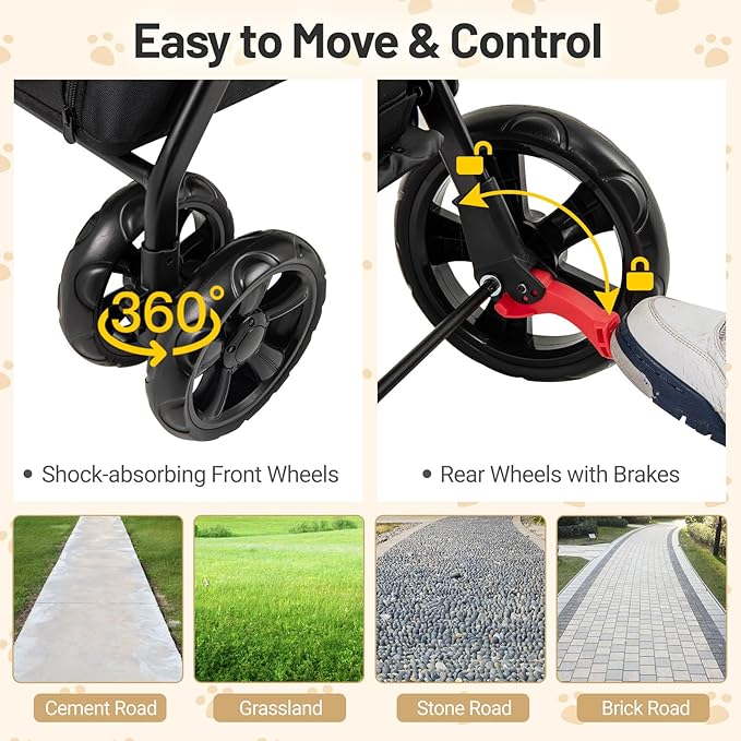 PETSITE 4 Wheels Dog Stroller, Foldable Cat Stroller with Dual Entries, Ramp, Mesh Windows, Adjustable and Detachable Canopy, and All-Terrain Wheels with Brake, Ideal for Small Medium Dogs