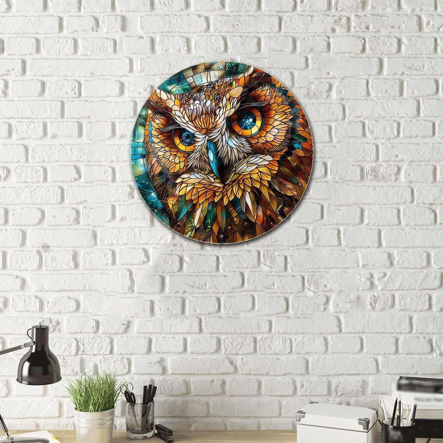 Lygond Metal Sign Tin Sign Circular Stained Glass Owl Bathroom Signs Decor For Home Decor 8×8 Inches