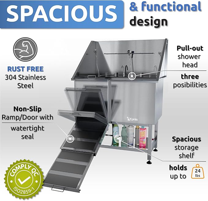 KANIS Professional Dog Washing Station - 304 Stainless Steel Pet Wash Sink & Grooming Bath Tub for Home with Ramp, Shower, Floor Grate, Storage Shelf, Faucet, Drain Kit for Large, Medium & Small Pets