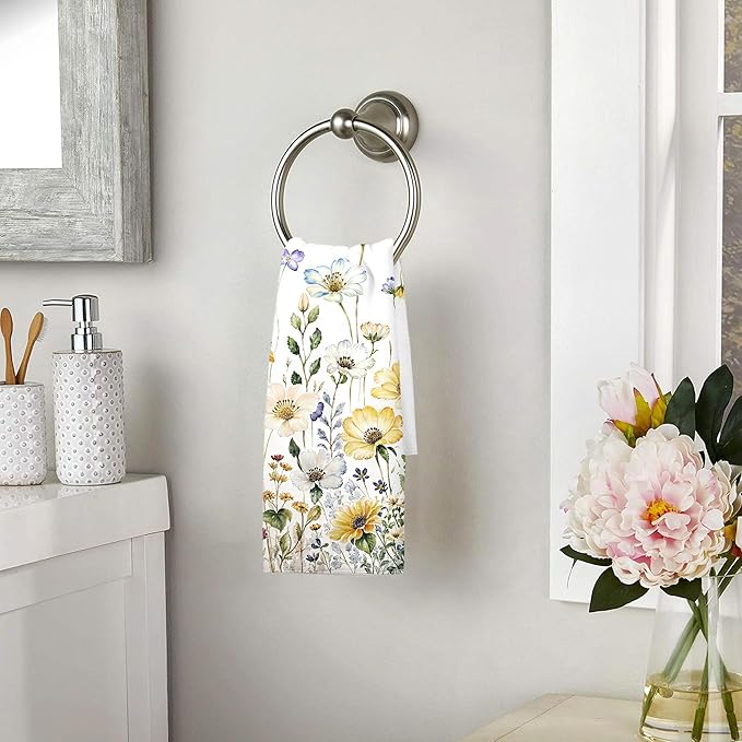 kampdream Faxdong Floral Hand Towel Set of 2, Watercolor Wildflower Botanical Plant Leaves Design Soft Absorbent Towels for Home Hotel Gym Spa Bathroom, Multi5 16×27 inch