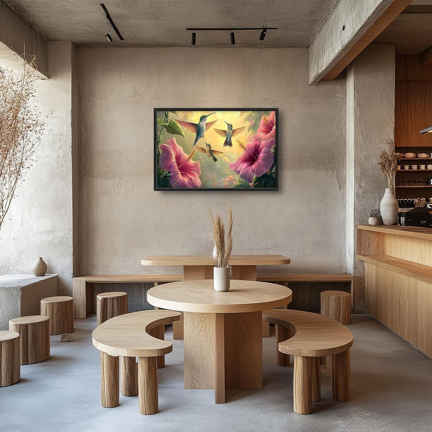 Framed Large Hummingbird Wall Art for Living Room, Oversized Rustic Bird Flower Wall Decor Floral Canvas Painting Nature Sunrise Pictures Modern Artwork for Bedroom Office Dinging Room 36"x24"