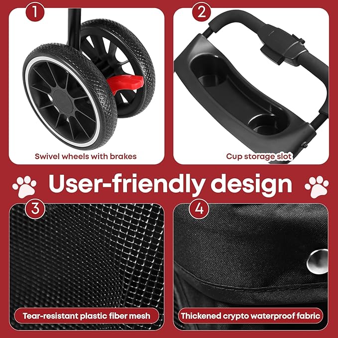 Pet Stroller,Dog Stroller for Small Medium Dogs Cats,3 Wheels,Foldable,with Breathable Mesh Canopy,Cup Holders,Easy Assembly,Red+Black