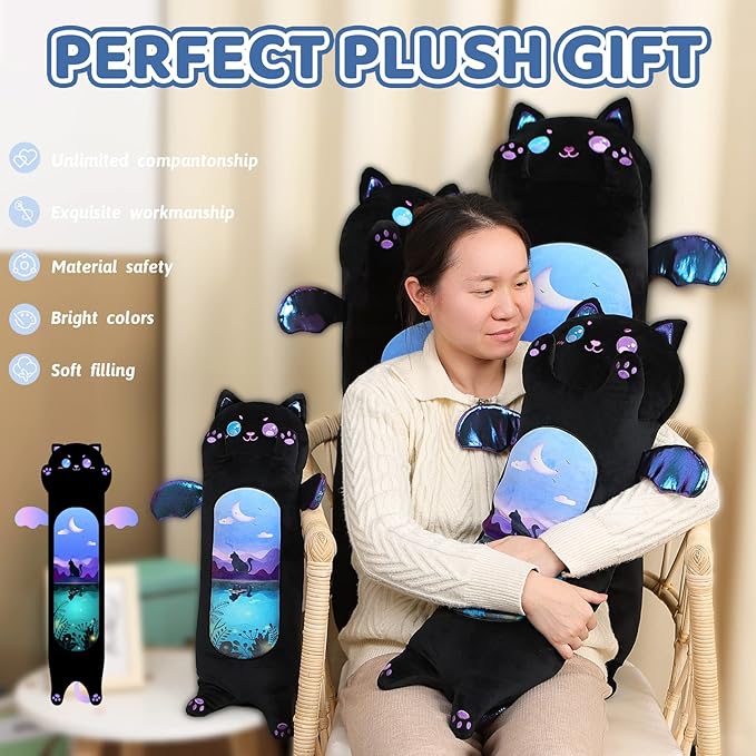 AIXINI Long Cat Plush Pillow Cartoon Cute Black Cat Stuffed Animals, Soft Kawaii Kitten Plushies Pillow Toy for Kids (Moonlight Black,35.4inch)