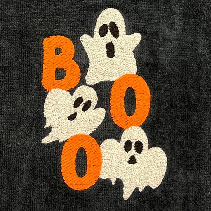 Halloween Bathroom Hand Towels, Embroidered Ghosts, Boo Design, Set of 2, Black 16 x 25 inches