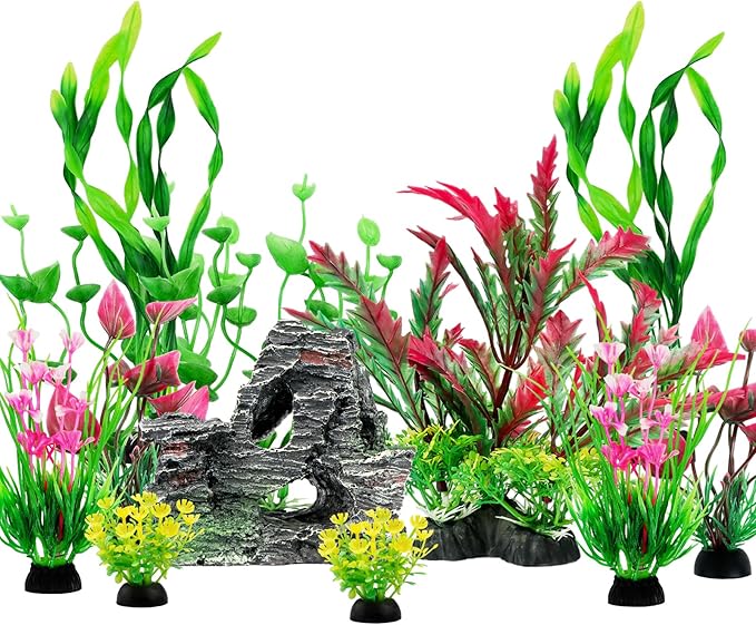 Fish Tank Accessories Aquarium Plants, 12pcs Colorful Fish Tank Artificial Plants and Cave Rock Decor Set, Aquarium Decorations Plants