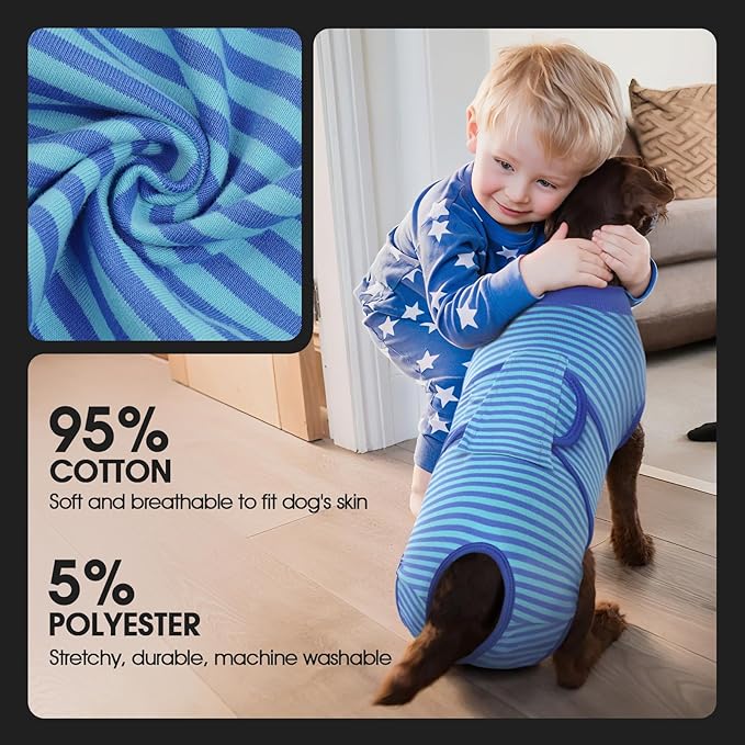 FUAMEY Recovery Suit for Dogs After Surgery,Soft Breathable Dog Bodysuit E-Collar & Cone Alternative Surgical Suit,Male Female Dog Neuter Spay Suits Anti Licking Wounds Onesie Navy Blue Strips S