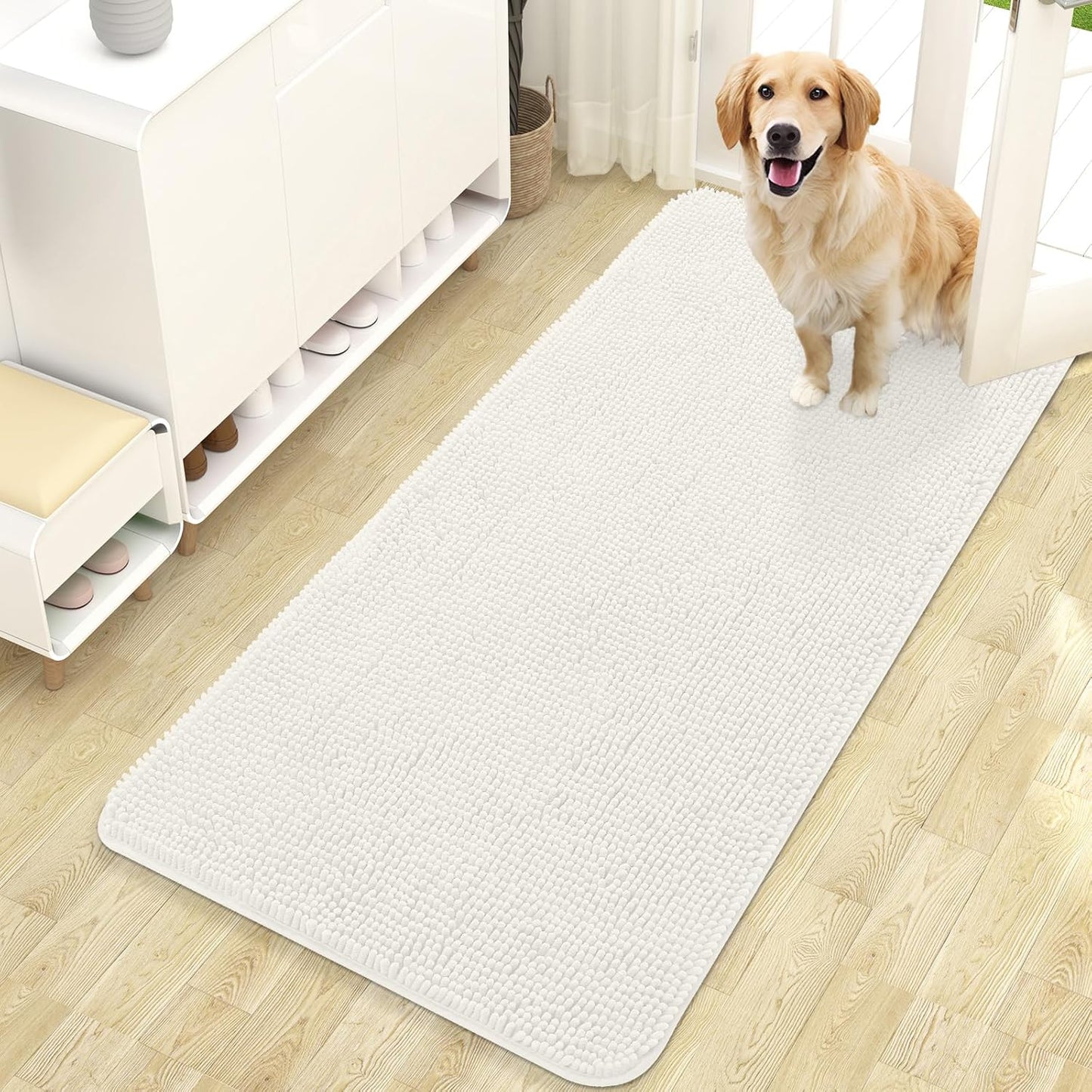 OLANLY Dog Door Mat for Muddy Paws 47x24, Absorbs Moisture and Dirt, Absorbent Non-Slip Washable Doormat, Quick Dry Chenille Mud Mat for Dogs, Entry Indoor Entryway Carpet for Inside Floor, Ivory