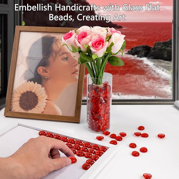 1LB Red Glass Marbles, Transparent and Smooth Flat Glass Beads for Vases, Mosaic Gem Pebbles for Aquarium Decor, Floral Arrangements, Mancala Stones, Vase Filler and Crafts (Approx. 80-100 PCS)
