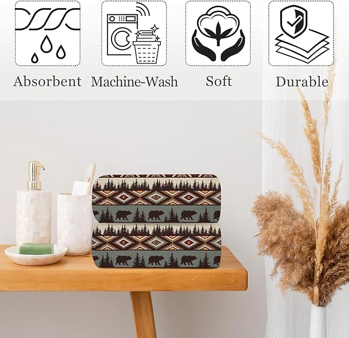 Vintage Brown Bear and Forest Kitchen Hand Towel Set of 2,Wild Animals Bathroom Hand Towel,Soft Absorbent Decorative for Bathroom Kitchen Hotel Gym Yoga