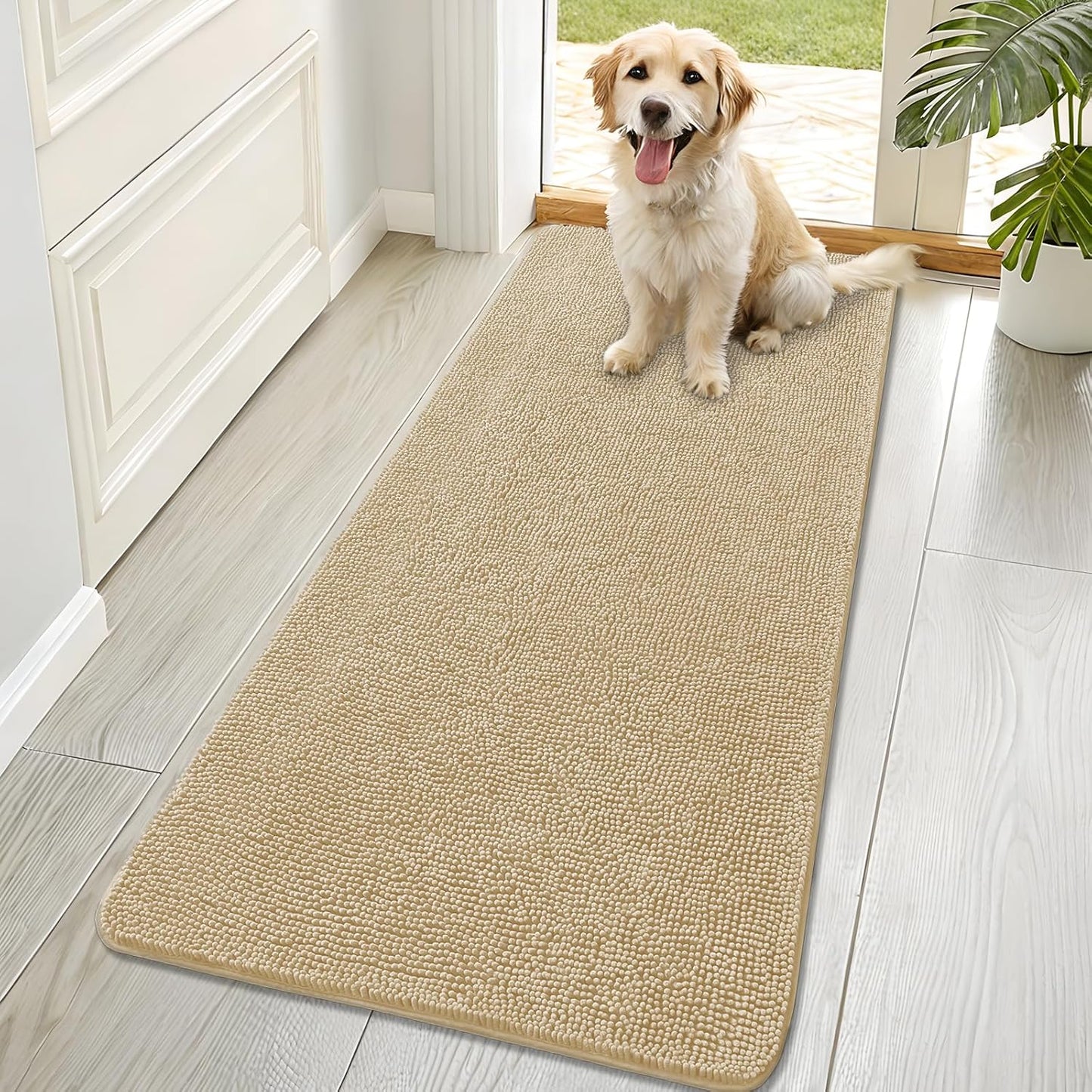 OLANLY Dog Door Mat for Muddy Paws 70x32, Absorbs Moisture and Dirt, Absorbent Non-Slip Washable Doormat, Quick Dry Chenille Mud Mat for Dogs, Entry Indoor Entryway Carpet for Inside Floor, Beige