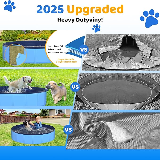 63" x 12" Foldable Dog Pool - Collapsible Hard Plastic Kiddie Pool for Dogs & Kids, Non-Slip Pet Bath Tub for Outdoor Backyard Use, Lightweight & Portable (Blue)