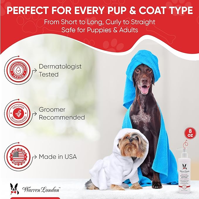 Warren London Hydrating Butter Leave in Pet Conditioner for Dogs | Lotion for Skin and Coat | Aloe Puppy & Dog Conditioner for Hair Detangler, Dry Skin, & Dandruff | Unscented 8oz