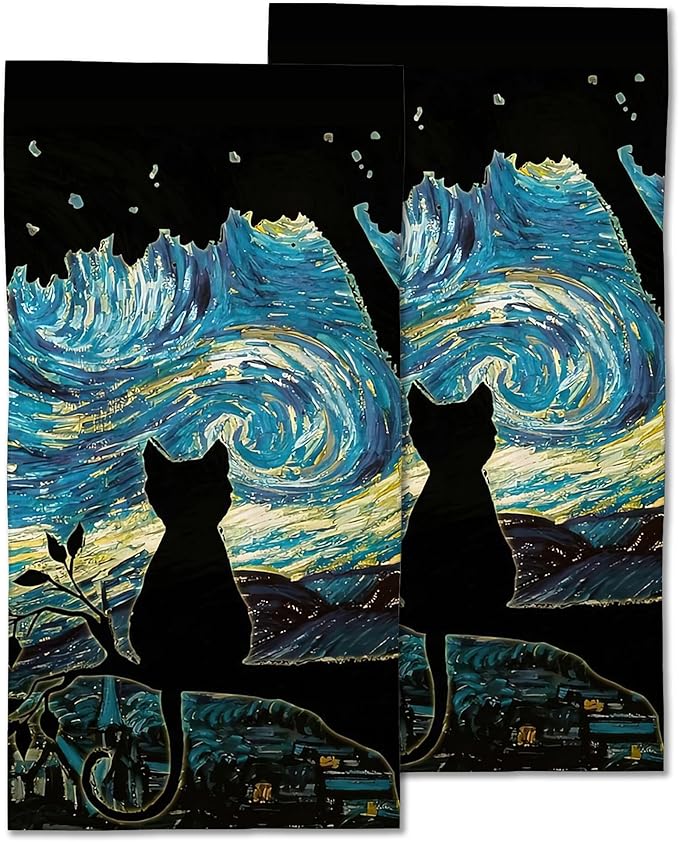 2 Pack Hand Towels for Bath,Black Cat Starry Night Decorative Towels Highly Absorbent Soft Towels for Bathroom Beach Kitchen Spa Gym Face Towel 14x28 Inch