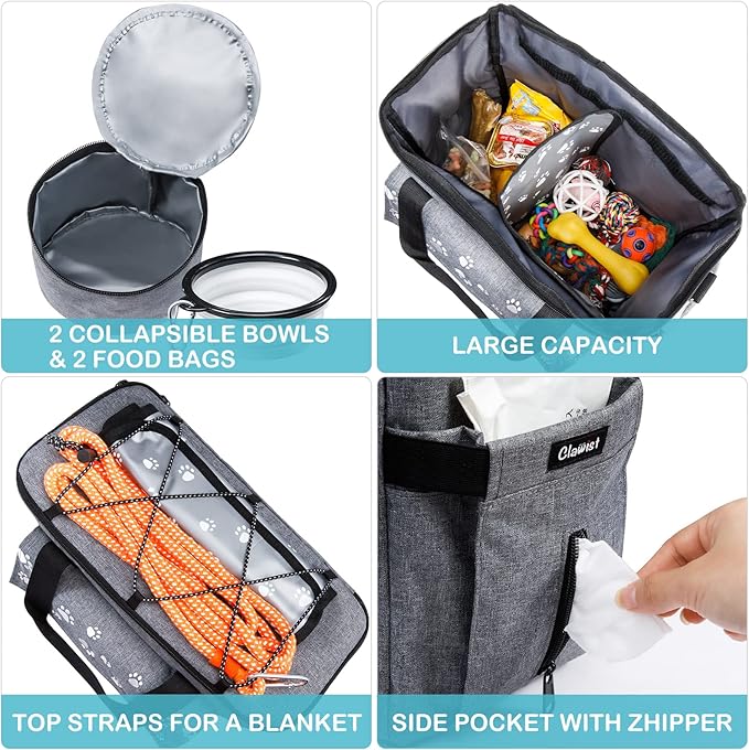 Large Dog Travel Bag, Airline Approved Dogs Bags for Traveling, 2 Dog 's Food Travel Container and Collapsible Bowls, Weekend Pet Travel Bags