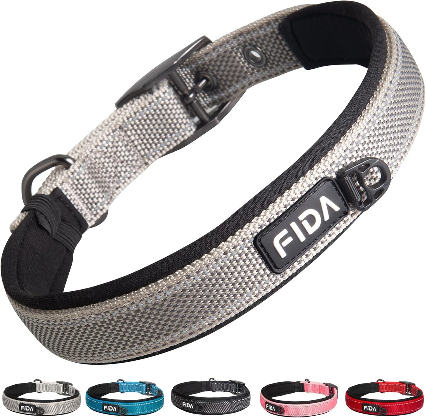 Fida Heavy Duty Dog Collar, Ultra Comfortable Soft Neoprene Padded, Adjustable Reflective Nylon Pet Collar with Durable Metal Belt Buckle for Medium Breeds (M, Grey)