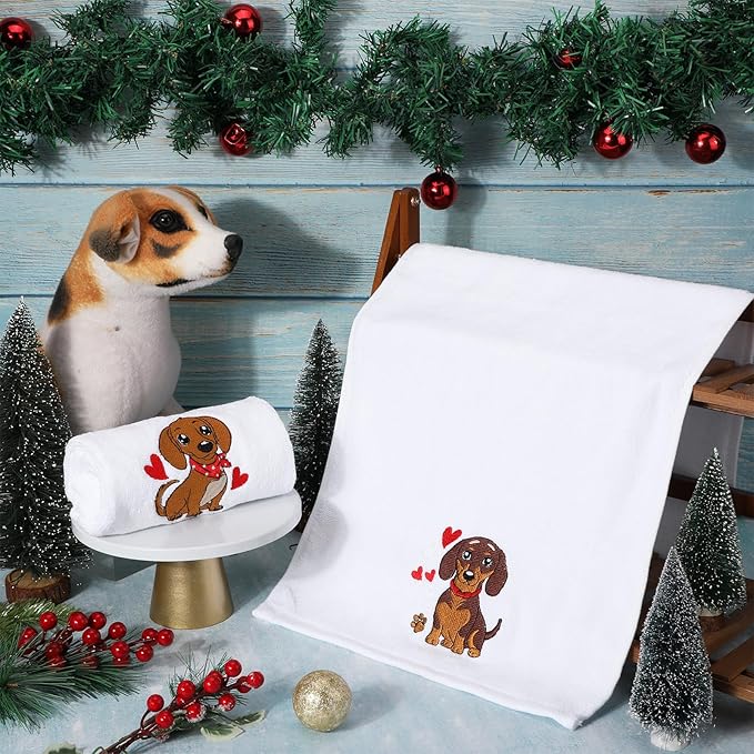 2 Pack Dog Hand Towels for Dog Lovers Gift Dachshund Kitchen Towels Bathroom 14 x 29 in 100% Cotton Embroidered White Christmas Bath Set with Hearts Funny Holiday Dish Tea Decor