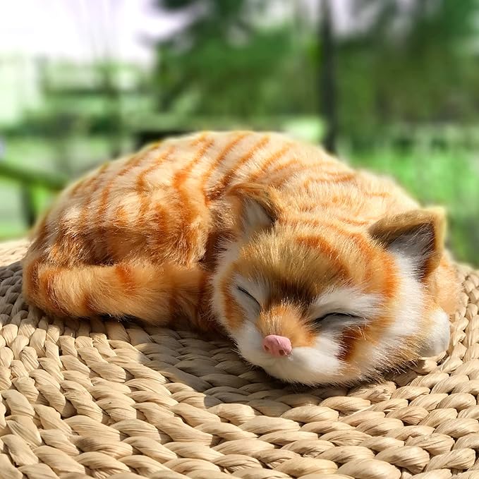 Realistic Furry Sleeping Cat Figurine Simulation Kitty Lifelike Kitten Home Office Shelf Decorative Statue, Synthetic Fur Pet Replica (Tabby)