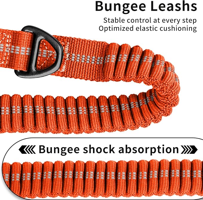 Heavy Duty Tactical Dog Leash, 4-6FT Shock Absorbing Bungee Leash with 2 Padded Handles, Metal Carabiner Clip, Car Seatbelt, Reflective leashes for Large Breed Dogs Medium Dog (Orange)