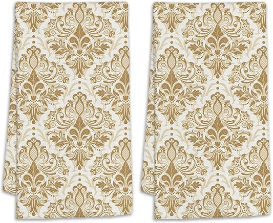 Vintage Damask Hand Towels for Bathroom,Gold Orient Flower Hand Bath Towels Soft Absorbent Dish Towels for Kitchen Bathroom Gym Beach Decorative Towels,Set of 2