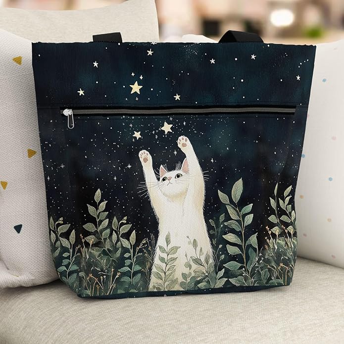 Waterproof Tote Bag with Pockets and Zipper for Work. Shoulder Bag for Women. Gift for Cat Lover Cat Owner.
