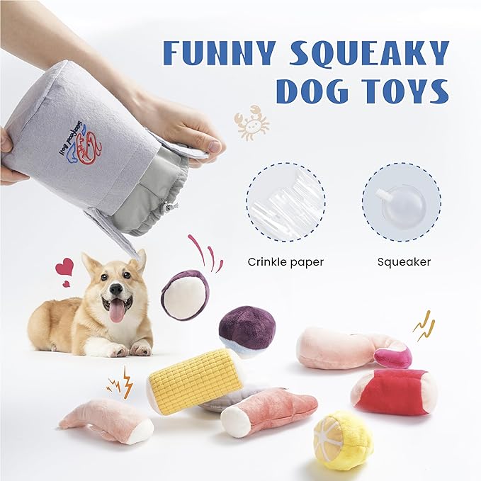 Nocciola 10 PCS Seafood Boil Small Dog Toys for Boredom, Crinkle Dog Squeaky Toys to Keep Them Busy, Plush Stuffed Puppy Toys for Small Medium Dogs