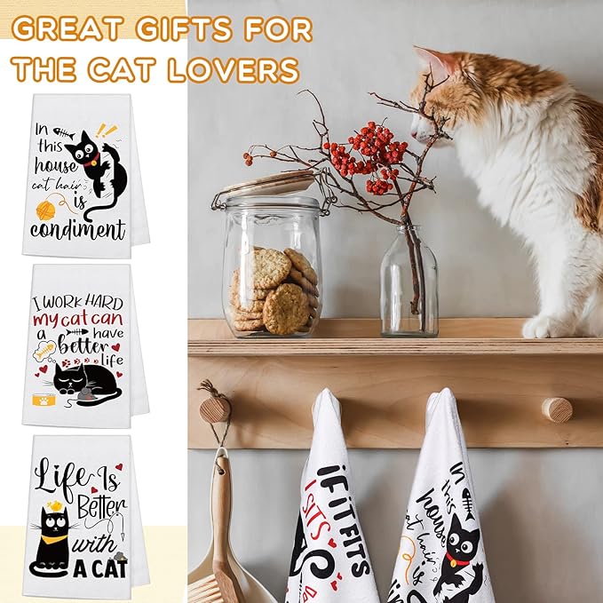 6 Pcs Cat Kitchen Dish Towels with Sayings, Cute Hand Towels for Cat Lover Halloween Housewarming Gifts