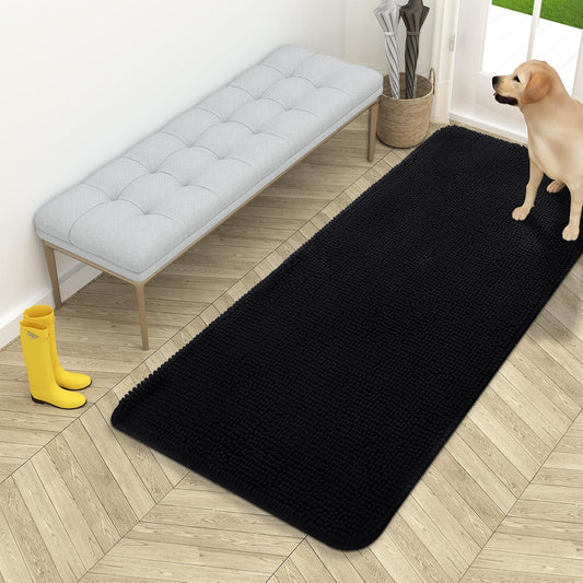 OLANLY Dog Door Mat for Muddy Paws 54x24, Absorbs Moisture and Dirt, Absorbent Non-Slip Washable Doormat, Quick Dry Chenille Mud Mat for Dogs, Entry Indoor Entryway Carpet for Inside Floor, Black
