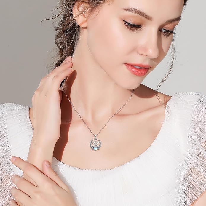 Witch Necklace 925 Sterling Silver Pentagram Triple Moon Pentacle Pendant Wiccan Pagan Jewelry Witchy Gifts for Women