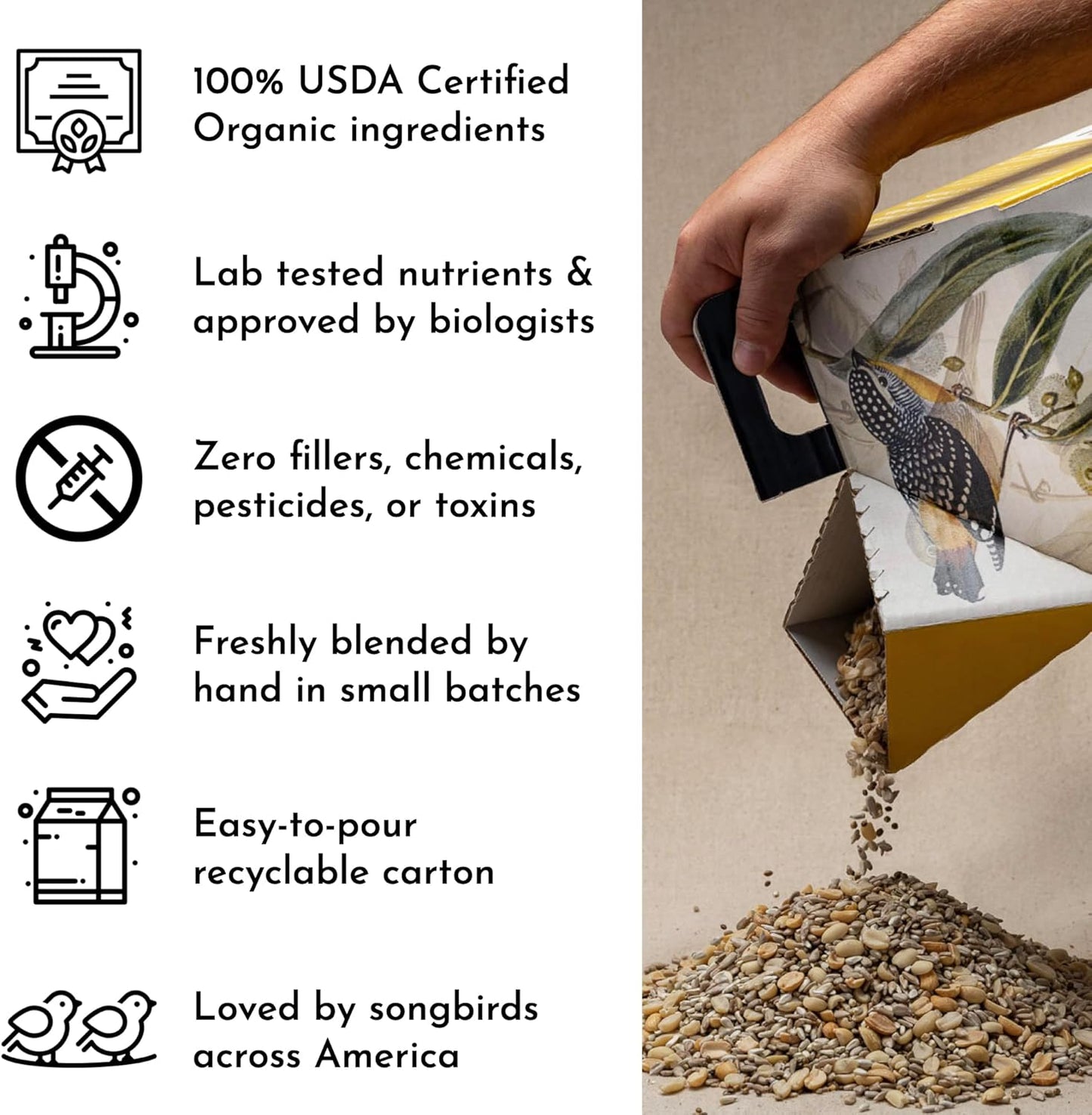 Flying Colors Premium Organic Wild Bird Seed | Pine Plains Original for Outside Feeders | 100% USDA Organic | No Fillers, No Pesticides | Sunflower, Peanut, Safflower | 3 Gallon