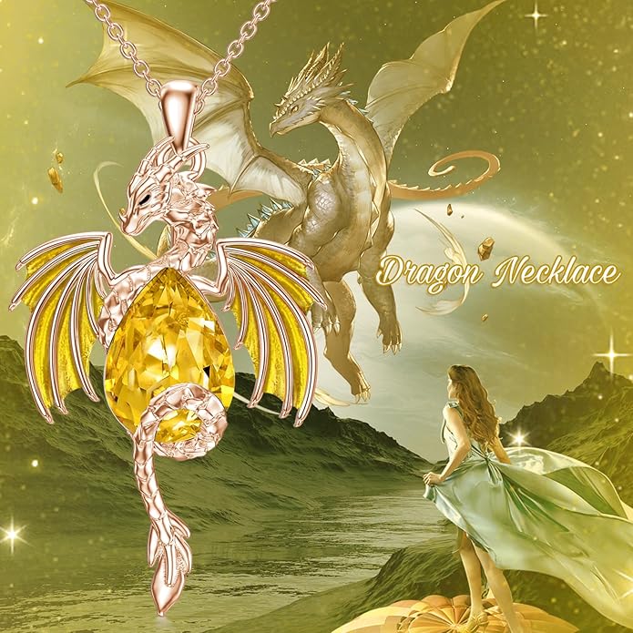 Dragon Necklace for Men Sterling Silver Birthstone Wyvern Necklace Embllished with Teardrop Shaped Crystal Jewelry for Women