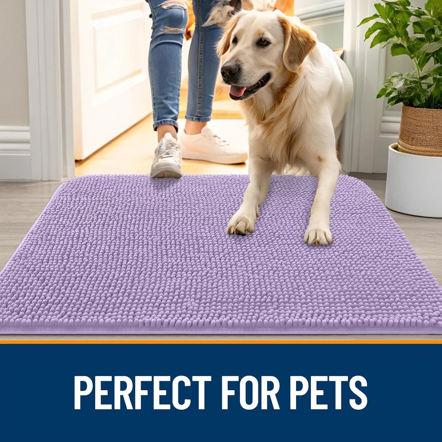 OLANLY Dog Door Mat for Muddy Paws 59x35, Absorbs Moisture and Dirt, Absorbent Non-Slip Washable Doormat, Quick Dry Chenille Mud Mat for Dogs, Entry Indoor Entryway Carpet for Inside Floor, Lavender