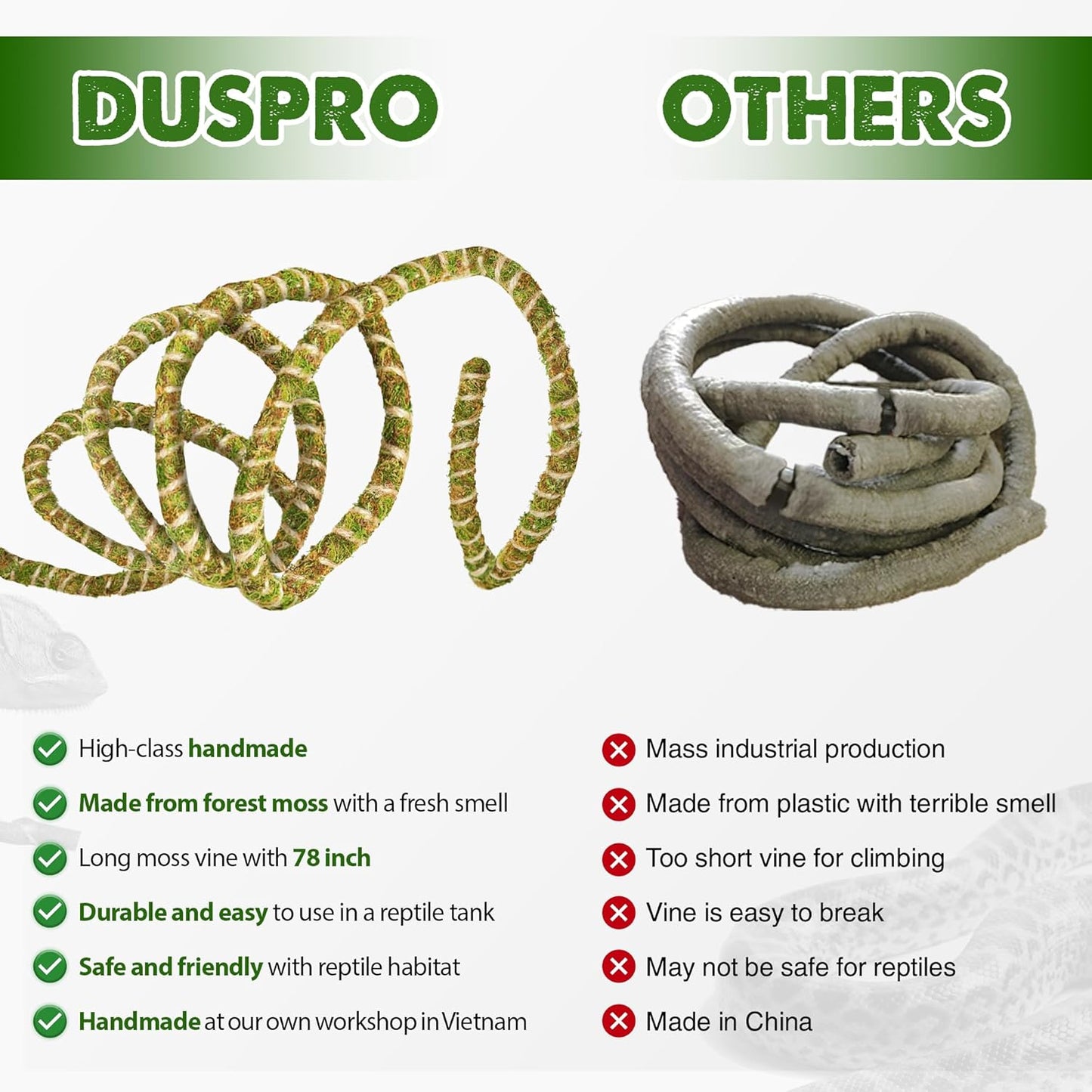 Duspro 6.5FT Reptile Vine & Moss Set for Climbing Bendable Branch, Natural Moss Rope Jungle Decor for Bearded Dragon, Chameleon Tank Accessories, Snake Gecko Lizard Terrarium