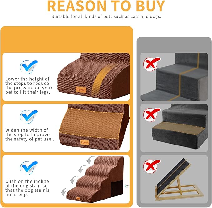 Topmart High Density Foam Dog Steps 4 Tiers,Extra Wide Deep Pet Steps,Non-Slip Dog Stairs Ramp for Bed,Soft Foam Cat Ladder,Best for Older Injured,Older Pets,Cats with Joint Pain