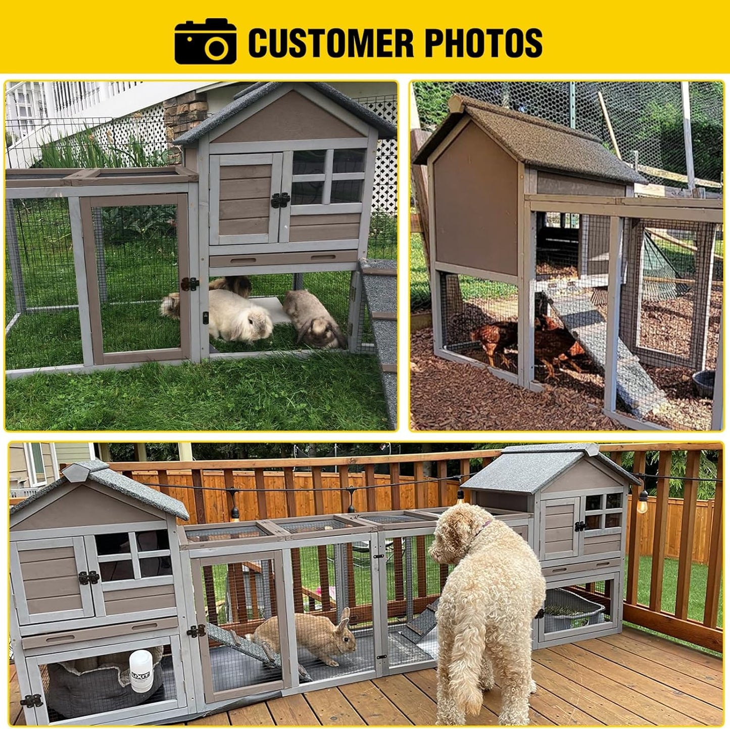 Aivituvin Large Rabbit Hutch Indoor Bunny Cage Outdoor with Run Chicken Coop Guinea Pig House with Waterproof Asphalt Roof,No Leakage Pull Out Tray (103.2" L x 25.2" W x 36.2" H,Brown-2 Sets)