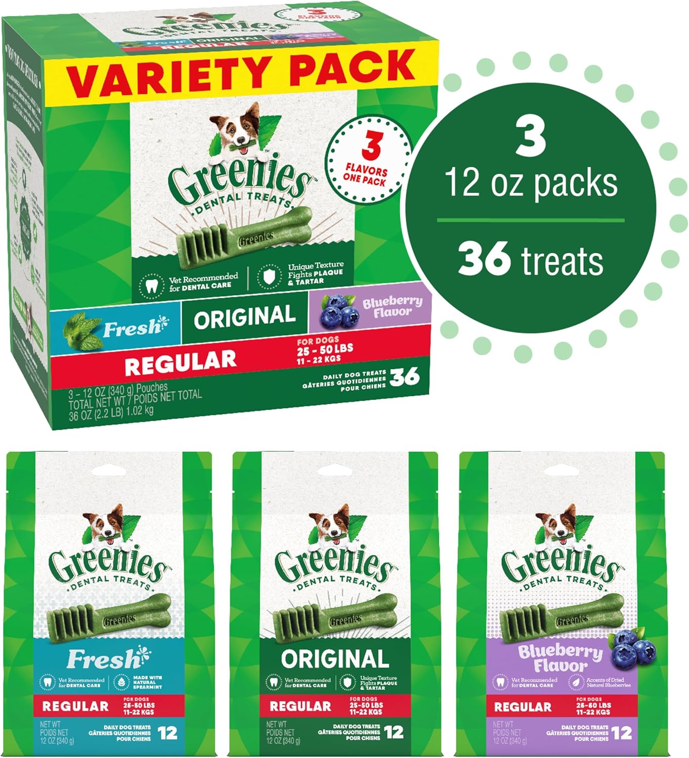 Greenies Regular Dental Dog Treats, 3-Flavor Variety Pack, (3) 12 oz. Pouches, 36 Total Treats
