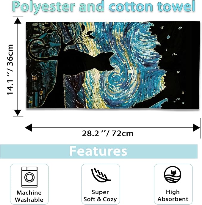 2 Pack Hand Towels for Bath,Black Cat Starry Night Decorative Towels Highly Absorbent Soft Towels for Bathroom Beach Kitchen Spa Gym Face Towel 14x28 Inch