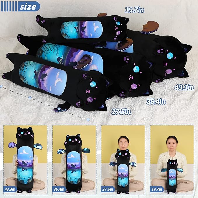 AIXINI Long Cat Plush Pillow Cartoon Cute Black Cat Stuffed Animals, Soft Kawaii Kitten Plushies Pillow Toy for Kids (Moonlight Black,35.4inch)