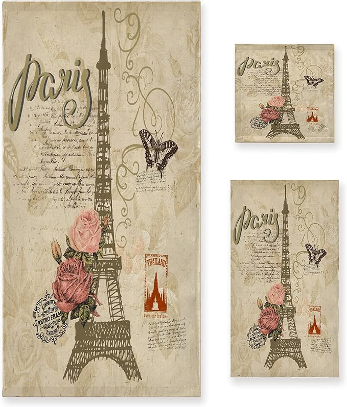 Vintage Paris Butterfly Eiffel Tower 3-Piece Bath Towel Set, Soft Absorbent Cotton, Fast Dry Home Family