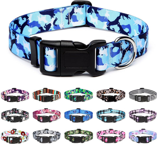 Mercano Adjustable Dog Collar - Special Design Patterns, Soft Nylon Comfortable Durable Pet Collar for Small Medium Large Dogs (L, Dog Camouflage Blue)