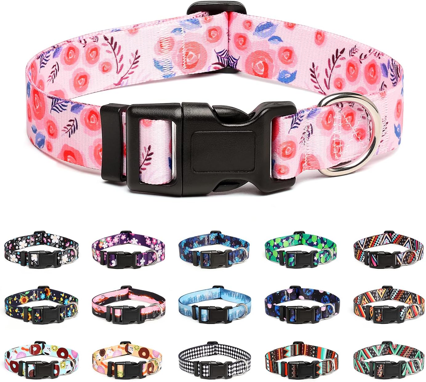 Mercano Adjustable Dog Collar - Special Design Patterns, Soft Nylon Comfortable Durable Pet Collar for Small Medium Large Dogs (S, Rose)