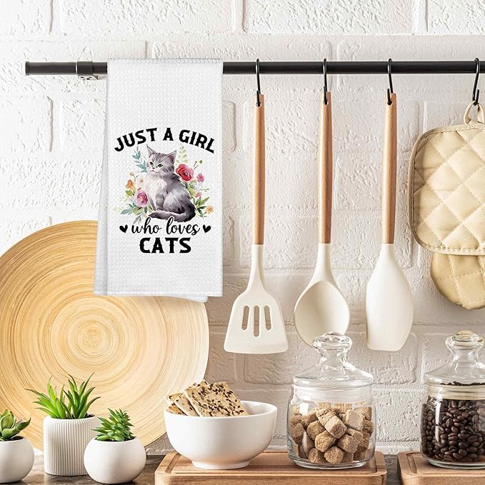Just a Girl Who Loves Cats Kitchen Towels Decorative Gifts for Cat Lovers Women 16x24, Cat Dish Towel Cloths Dishcloths Tea Towel, Cat Bathroom Kitchen Hand Towel Decor