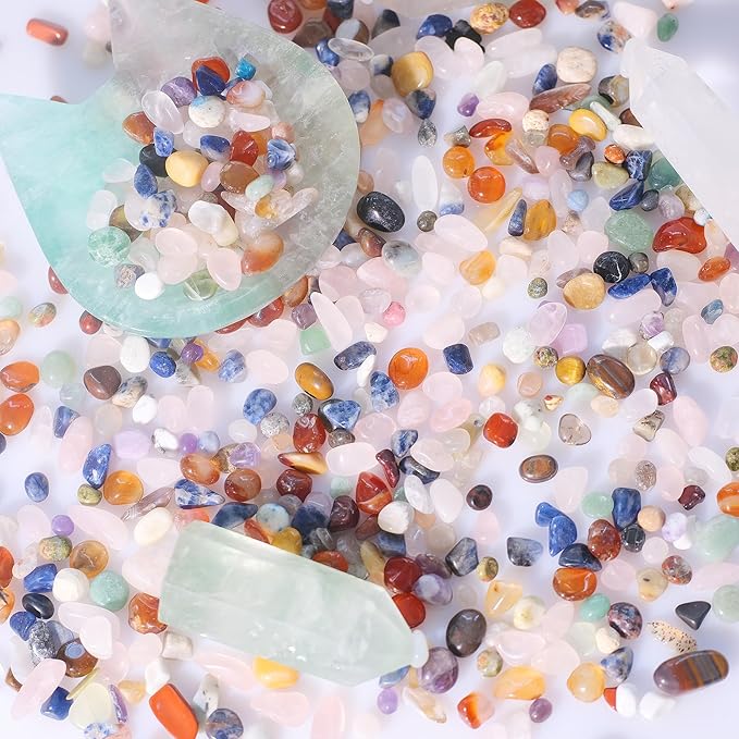 Mixed Crushed Crystal Chips Bulk 2lbs 2400+Pcs Assorted Tumbled Stone Chips Natural Polished Mixed Chakra Aquarium Gravel Rocks for Plants Terrarium Supplies Fish Tank Gravel Pebbles Vase Filler